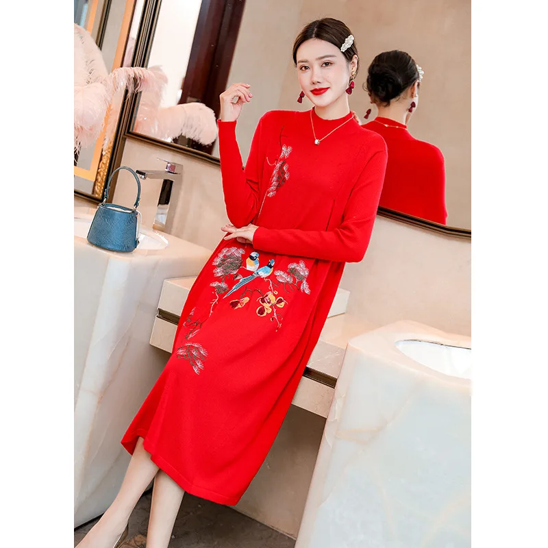 

Size Clothing Plus 2021 Autumn Winter Warm Dress Women High Quality Wool Blend Knitting Luxurious Embroidery Long Sweater Dress
