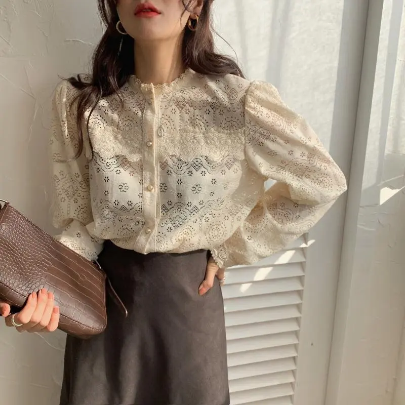 Alien Kitty Hollow Out Patchwork Lace Cotton Office Lady Vintage 2020 Gentle Free Embroidery Floral Sexy All-Match Elegant Shirt | Женская