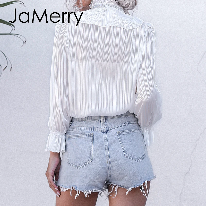 JaMerry Elegant white ruffled blouse shirt women Puff sleeve solid necktie female top Casual streetwear ladies shirts | Женская одежда