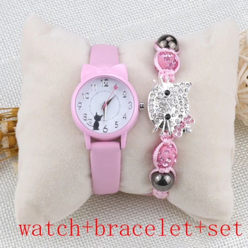 Модные женские часы Набор браслетов детские кожаный ремешок с кошкой подарки