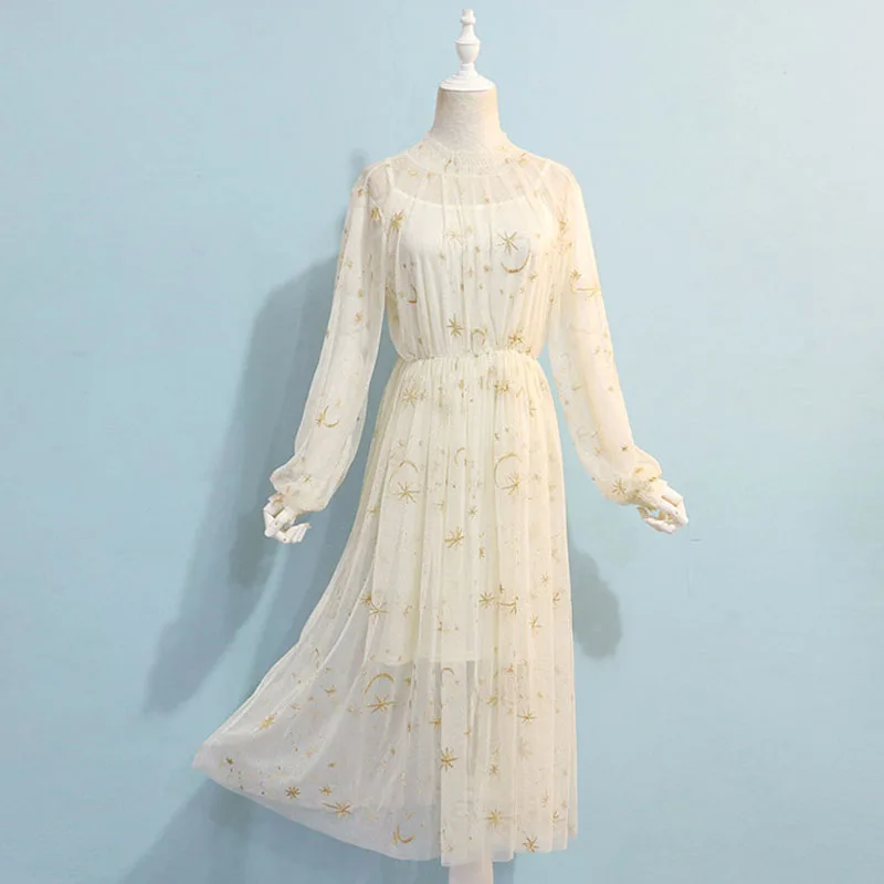 Женское Сетчатое платье средней длины с вышивкой в виде звезд и луны длинное