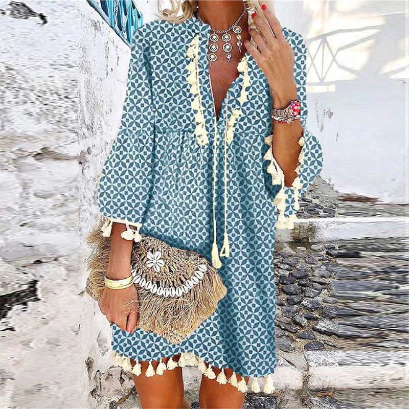 

Fashion Vintage Print Tassel Design Party Dress Women Summer Elegant V-Neck 3/4 Sleeve A-Line Dresses Ladies Casual Loose Dress