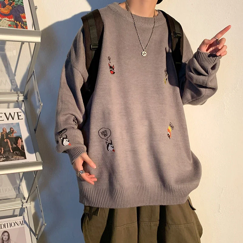 

Мужской свитер с круглым вырезом и вышивкой, Осень-зима 2021, свободная повседневная Уличная одежда в гонконгском стиле, мужские вязаные свит...