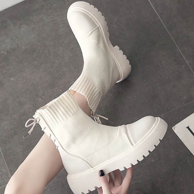 

2021 Women Platform Heels Boots New Faux Leather Female Lace Up Winter Warm Short Shoes