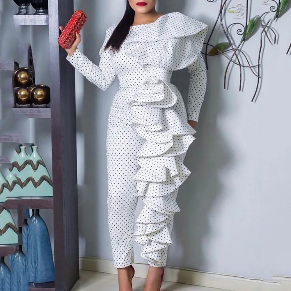 

2021 осенне-зимний модный Повседневный Африканский комбинезон в горошек с волнами темпераментный белый комбинезон с круглым вырезом и длинн...