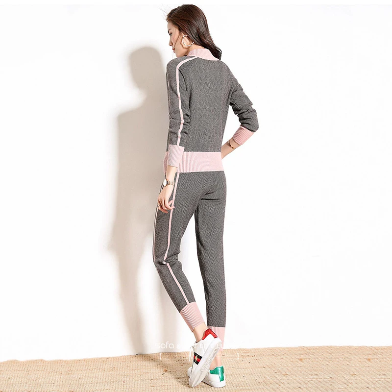 

Winter Ribbed printed Tracksuit 2 Piece Pant Suits For Women Knitted Long Sleeve Two Piece Set Top And Pants Suit Outwear