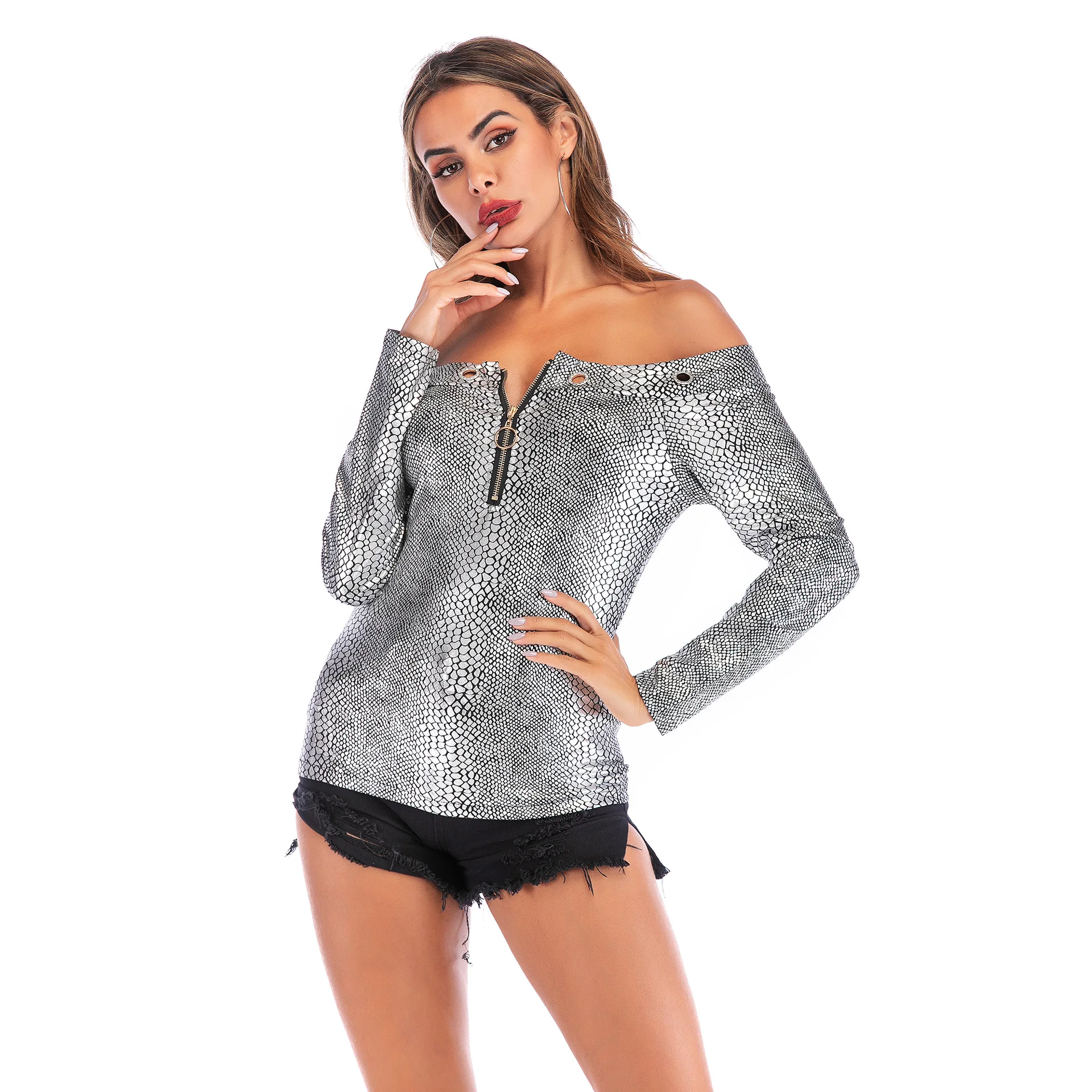 

European and American women's hot spring snake pattern stitching T-shirt women's long sleeve blouse blouse
