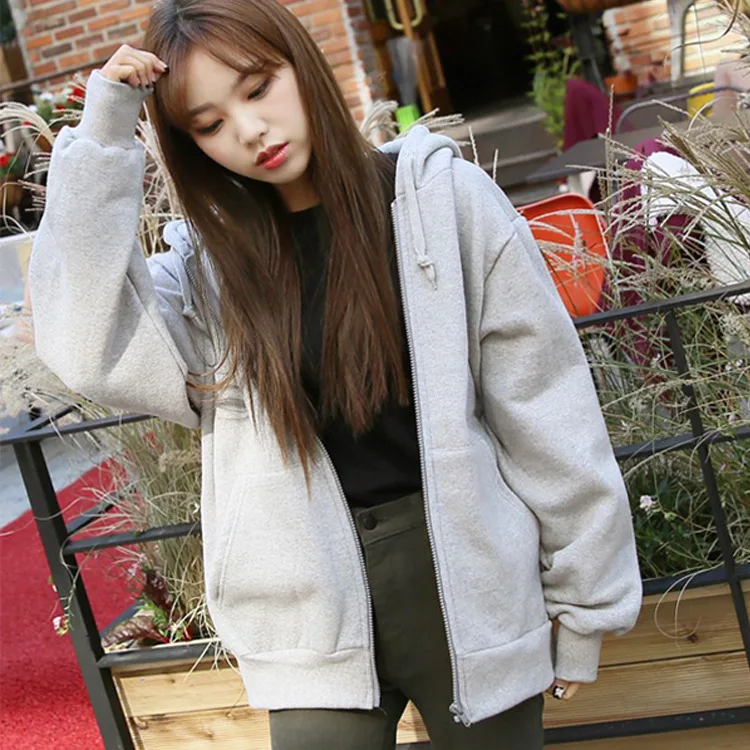 

2021 Fall/winter Women's Korean Version Of Pure Color Thick Cardigan Zipper Jacket Plus Fleece Hooded Sweater