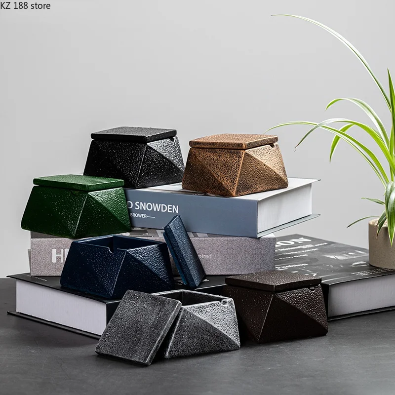 

Nordic Rhombus Cement Ashtray with Lid Creative Personality Anti Fly Ash Storage Box Home Living Room Decoration