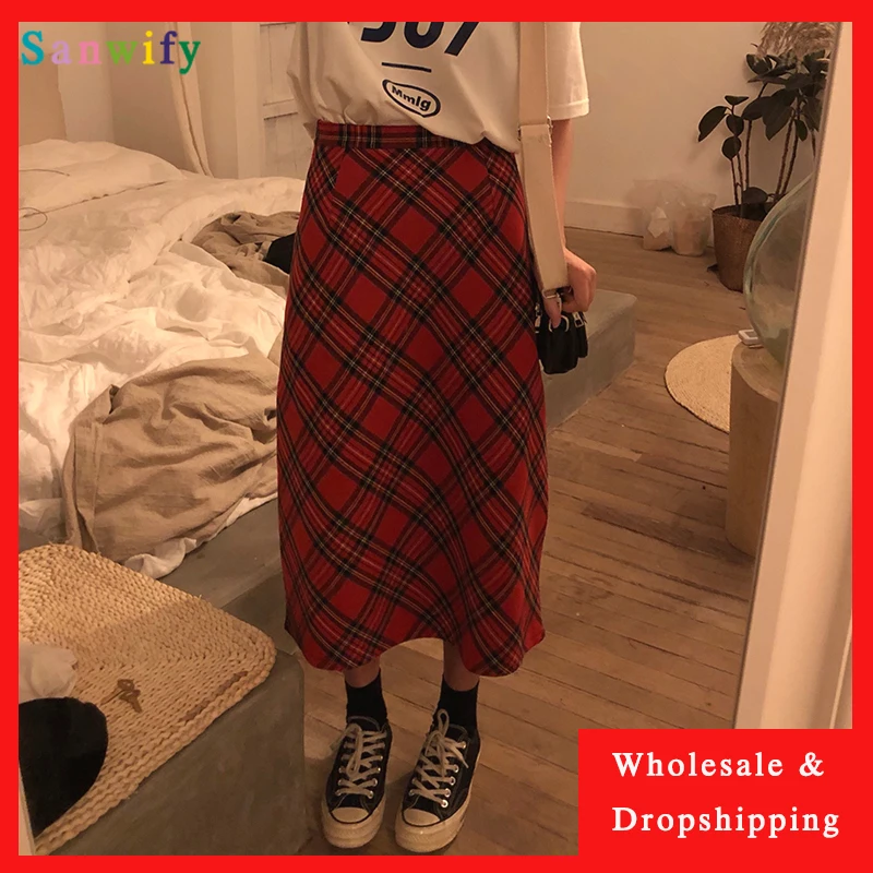 

Winter skirts womens Plaid line Wool Skirt Womens vintage style high waist long skirts womens