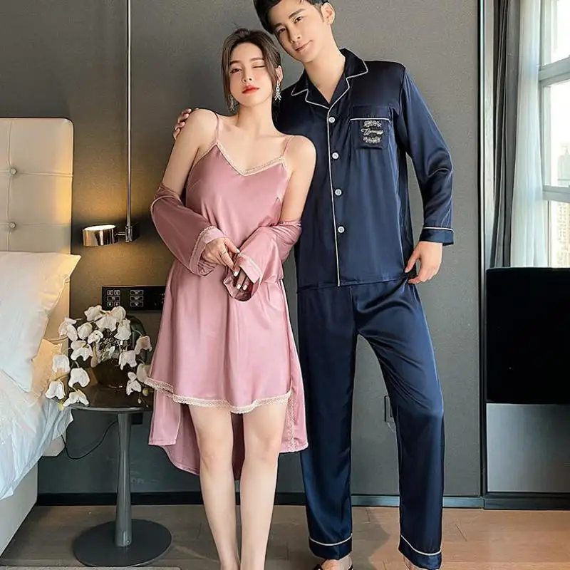 

Summer Casual Men Pajamas Suit Satin Lace Kimono Robe Gown Lovers' Home Clothing Couple Sleepwear Embroidery Summer Pyjamas