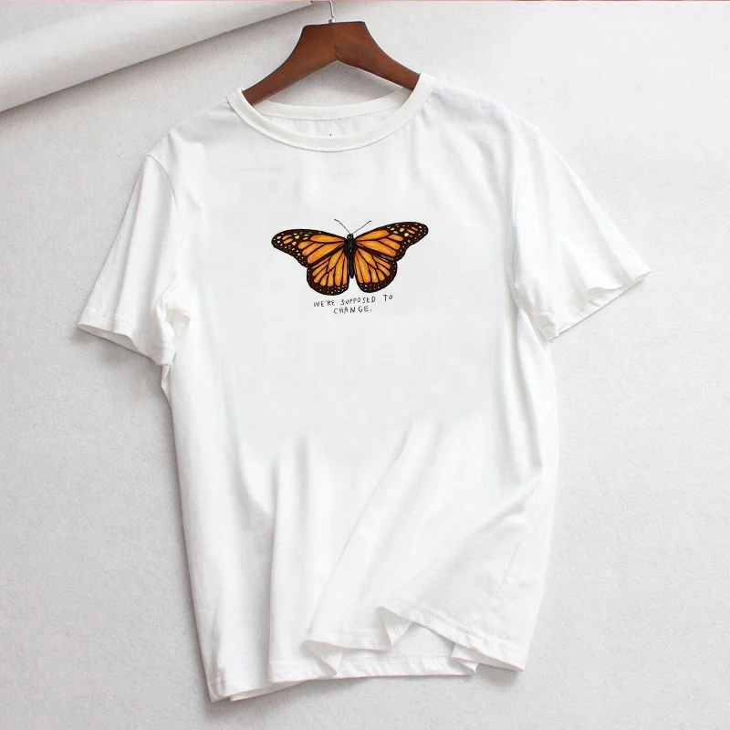 Ins/новые летние модные футболки с принтом в виде бабочек и букв ins Harajuku Ulzzang