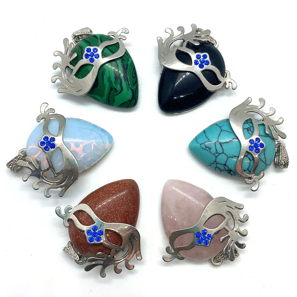 

Natural Stone Pendant Agate Amethyst Malachite Opal Mask Inlaid Drop-shaped Pendant for Making DIY Necklace Bracelet Supplies