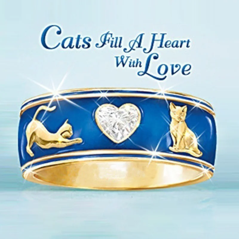 

Inlaid Love Zircon Imitation Gold-Plated Cute Cat Ring Female Fashion Personality Ring Girl High-Quality Alloy Jewelry Wholesale