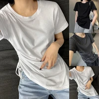 womens loose o neck short sleeved pleated side slit casual pullover t shirt suitable for dating