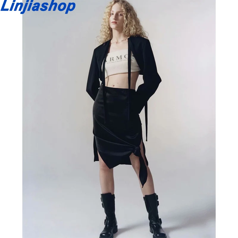 

Women New Fashion Lacing Short Open Small Blazer Coat Vintage Long Sleeve Black Female Outerwear Chic Tops