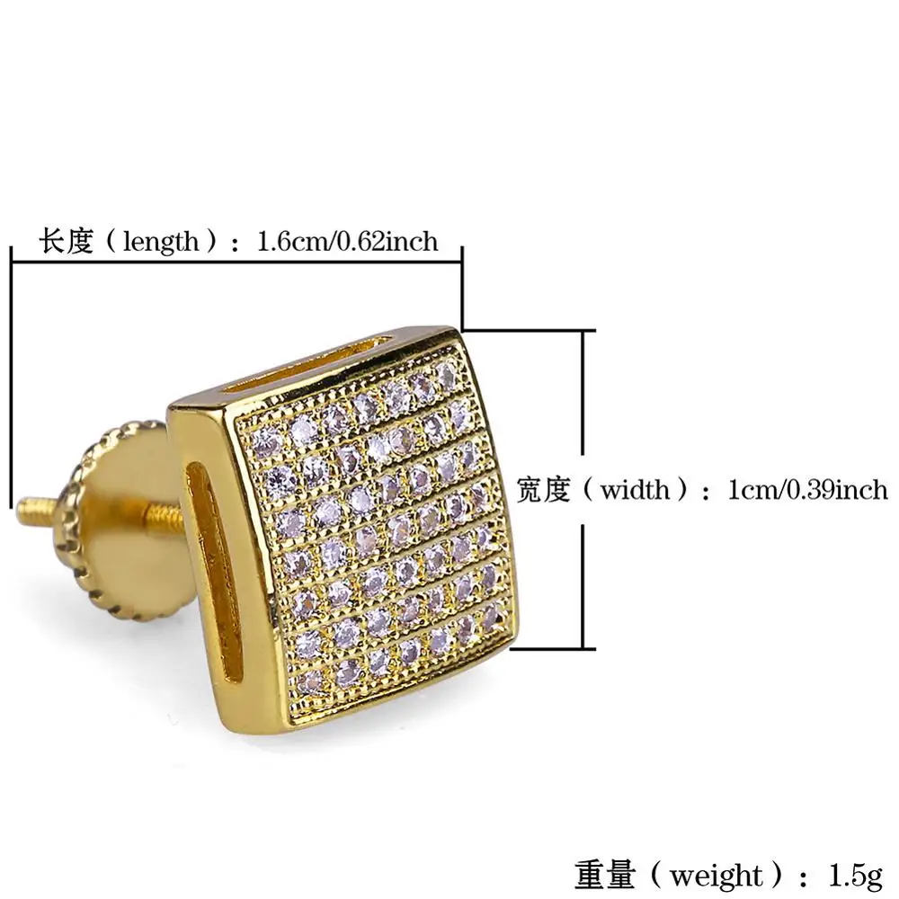 

New Fashion Female HIP HOP Crystal Square Earrings Gold Color Bling Zircon Wedding Stud Earrings For Women Jewelry