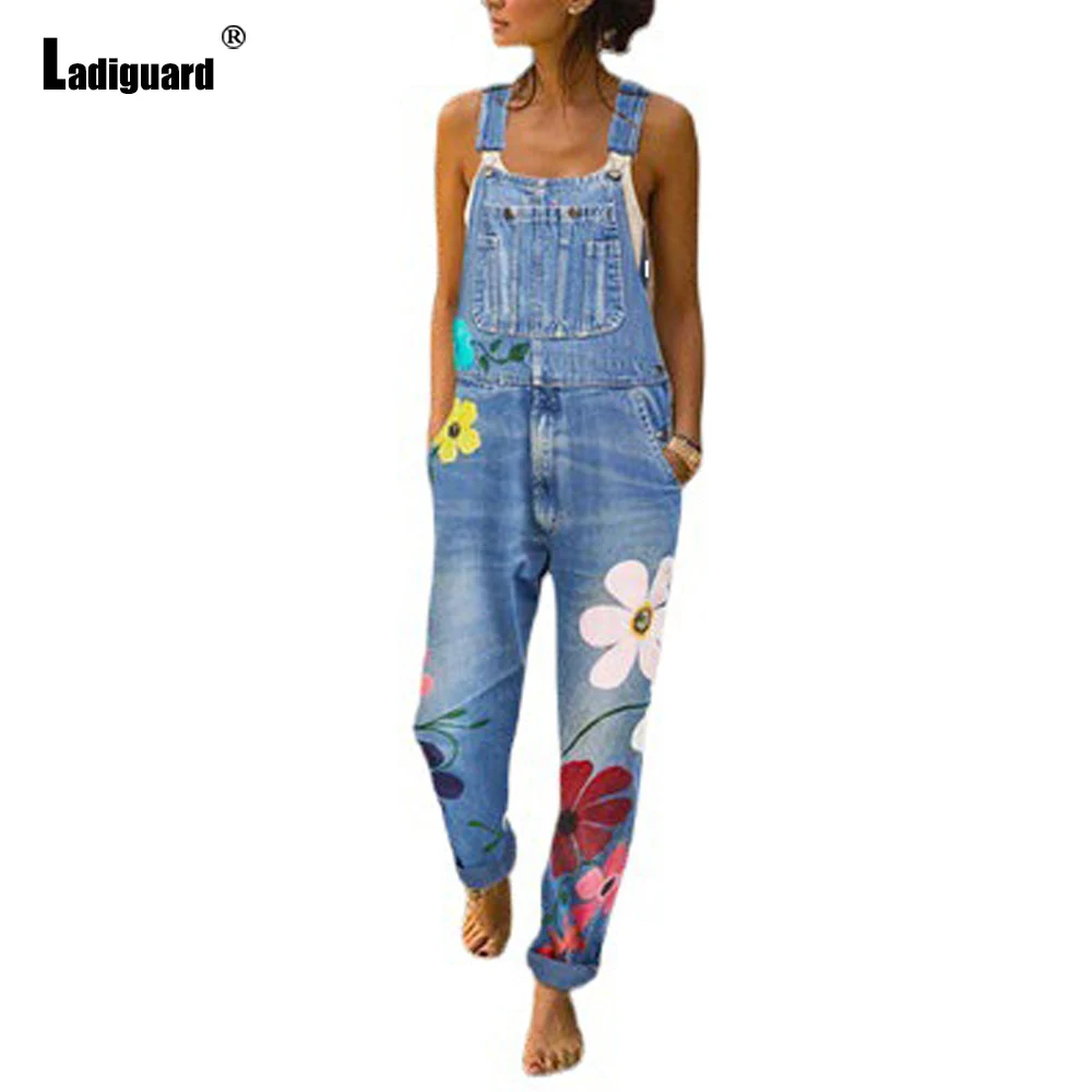 2021 European Style Fashion Jeans Demin Jumpsuit Plus Size Women Stand Pocket Denim Trouser Summer Vintage Flower Print Overalls