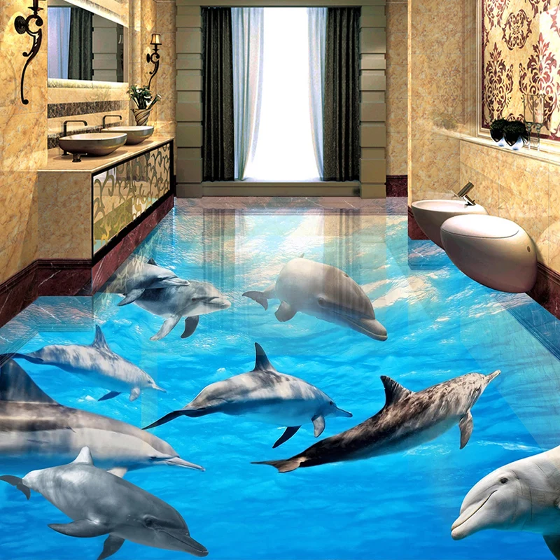 Waterproof Self-adhesive 3D Floor Mural Underwater World Dolphin Bathroom Living Room Bedroom Floor Sticker Painting Wallpaper