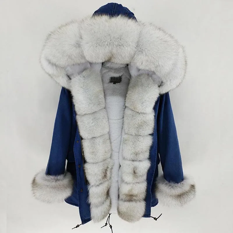 Женская Повседневная парка длинная теплая с воротником из натурального Лисьего