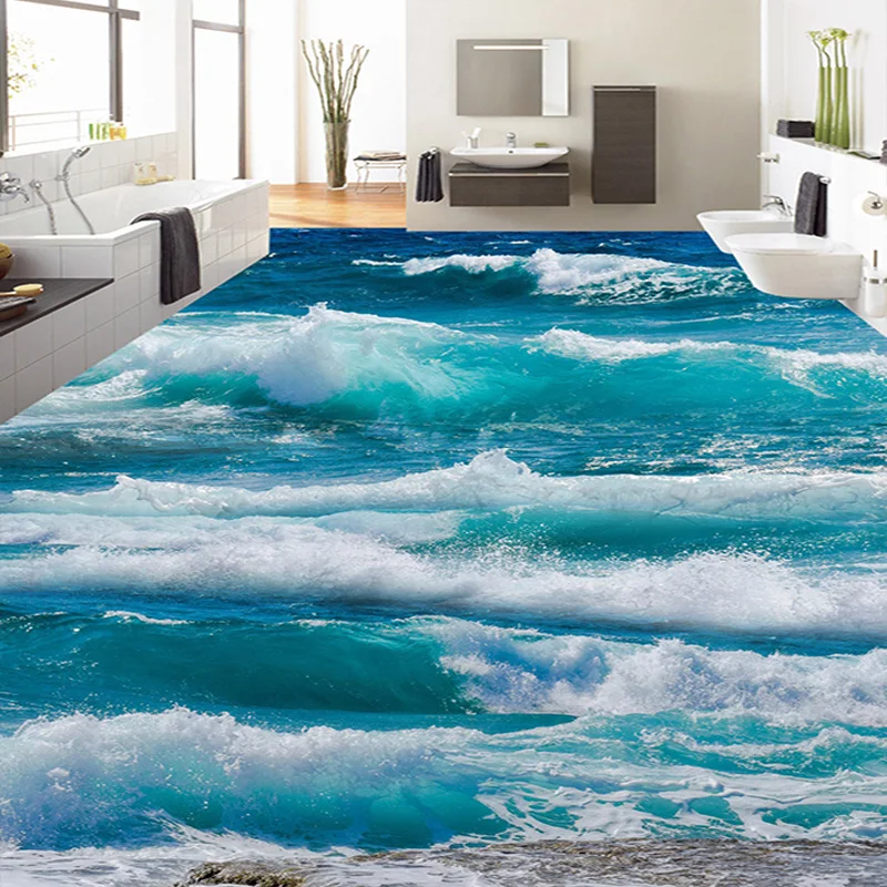 

PVC Self Adhesive Waterproof 3D Floor Tiles Wallpaper Modern Seawater Sea Wave Photo Murals Bathroom Bedroom Wall Papers Sticker