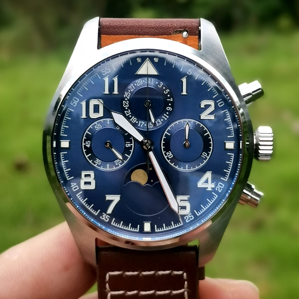 

Мужские спортивные механические часы-хронограф, винтажные наручные часы-авиаторы ВВС 43 мм в стиле милитари с Лунной фазой, 1963