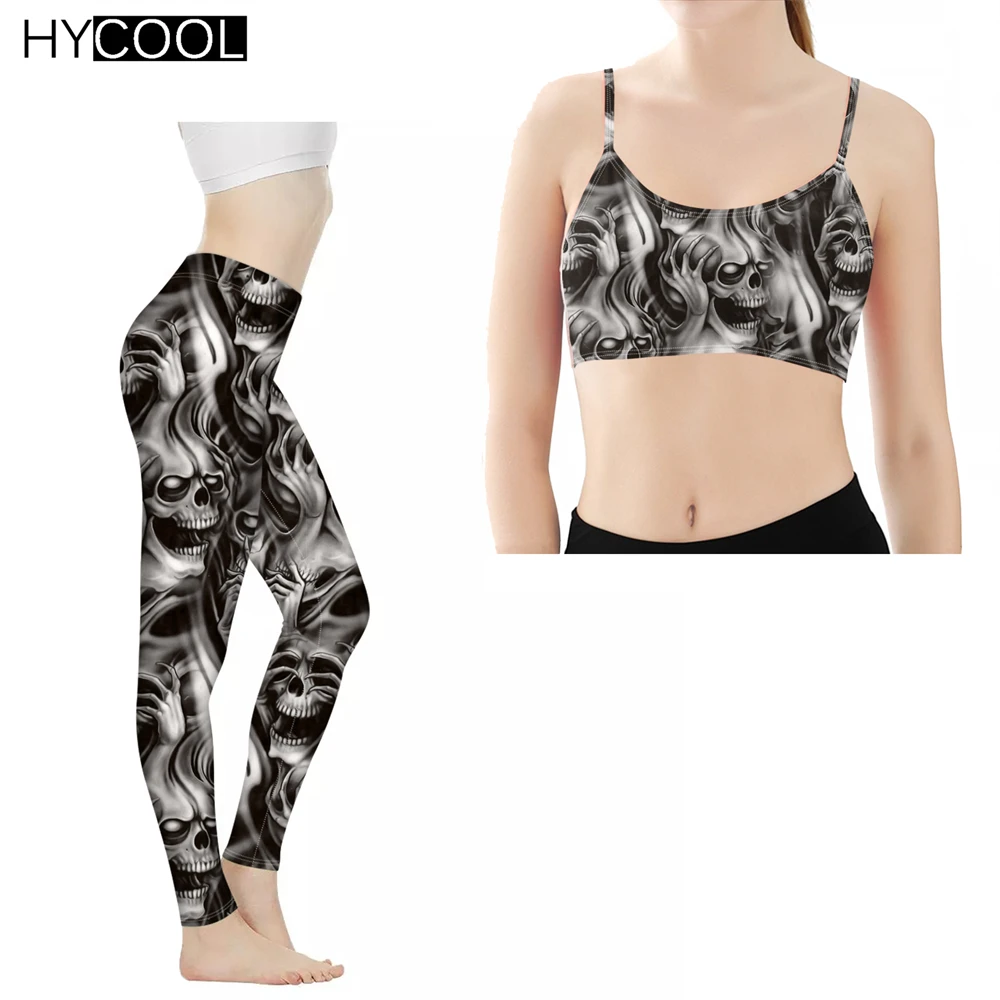 

HYCOOL New Trend Two Pieces Yoga Suits For Women Gothic Style Skull High Waist Sports Legging Gym Women Sportwear Workout Set