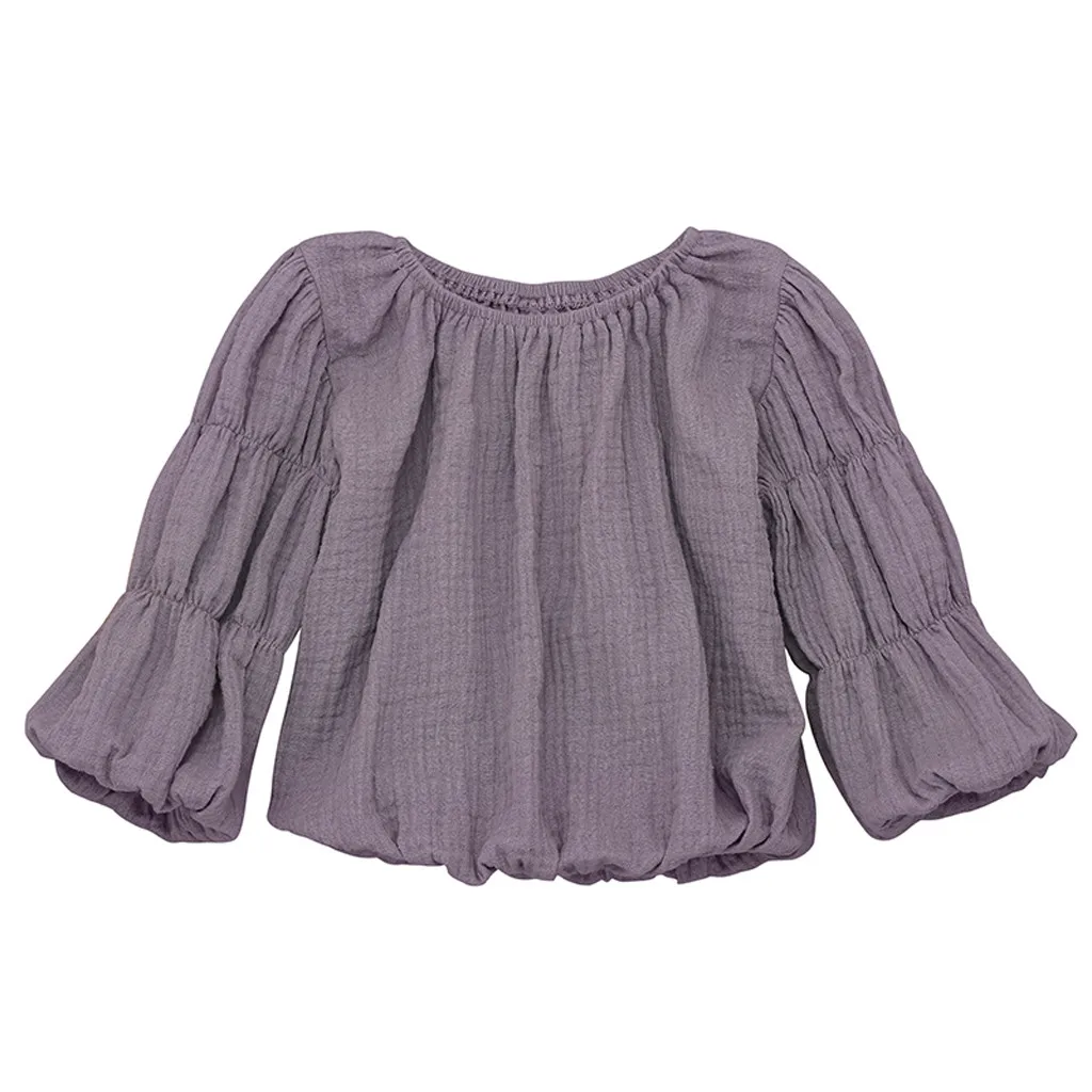 Фиолетовый Baby Boy Girl T-shirt Toddler Kids Clothes Solid Puff Sleeve T shirt Tops Clothes Spring Autumn Children Girls Outfits - Цвет: Фиолетовый