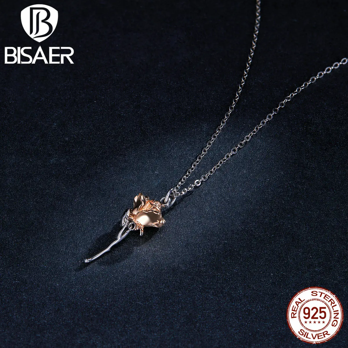 BISAER Graceful Rose Necklace 925 Sterling Silver Eternal Flower Chain Link For Female Jewelry 45cm Adjustable EFN190 | Украшения и
