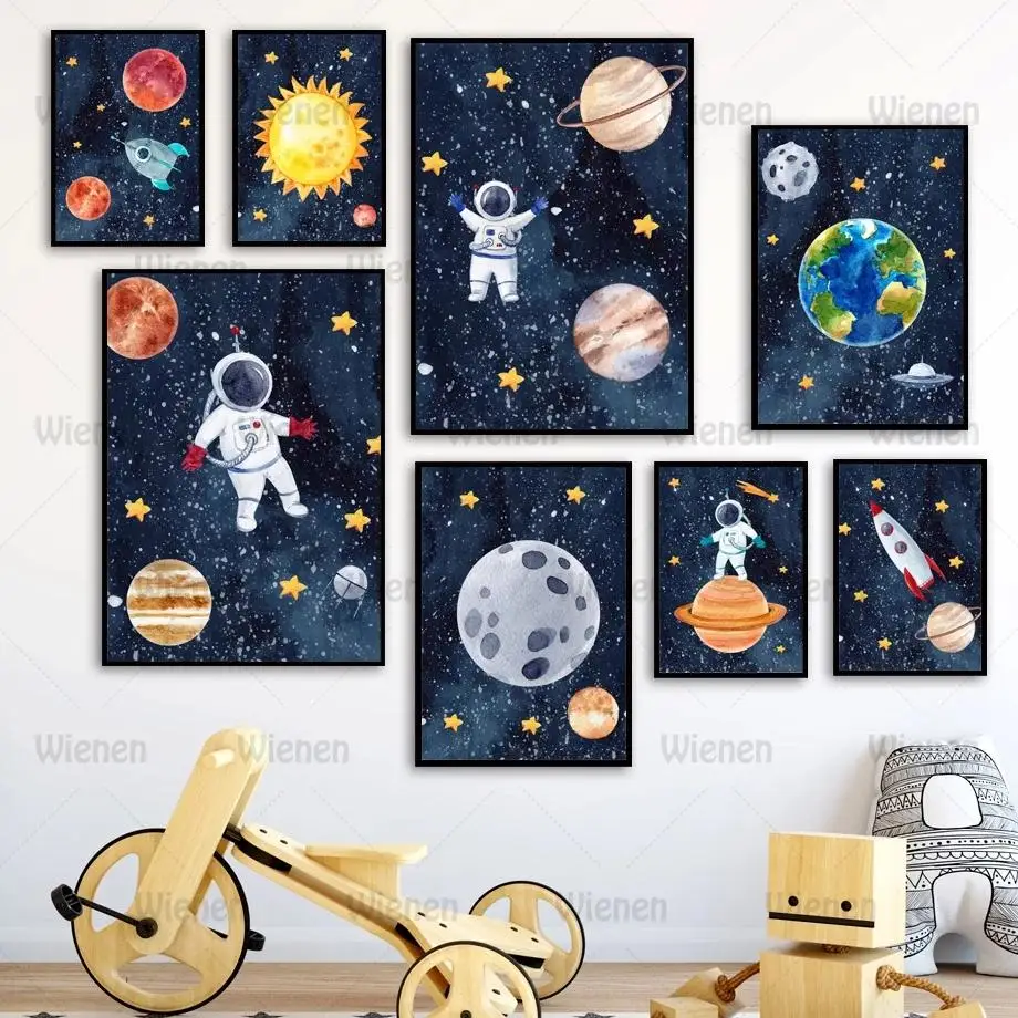 

Canvas Painting Space Astronaut Rocket Planet Moon Sun Wall Art Print Nordic Poster Nursery Wall Pictures Baby Kids Room Decor