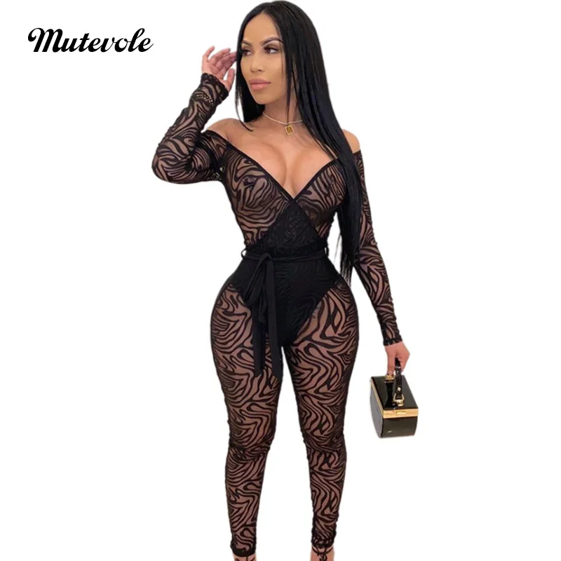 Женский прозрачный комбинезон Mutevole черный сетчатый с длинными рукавами глубоким