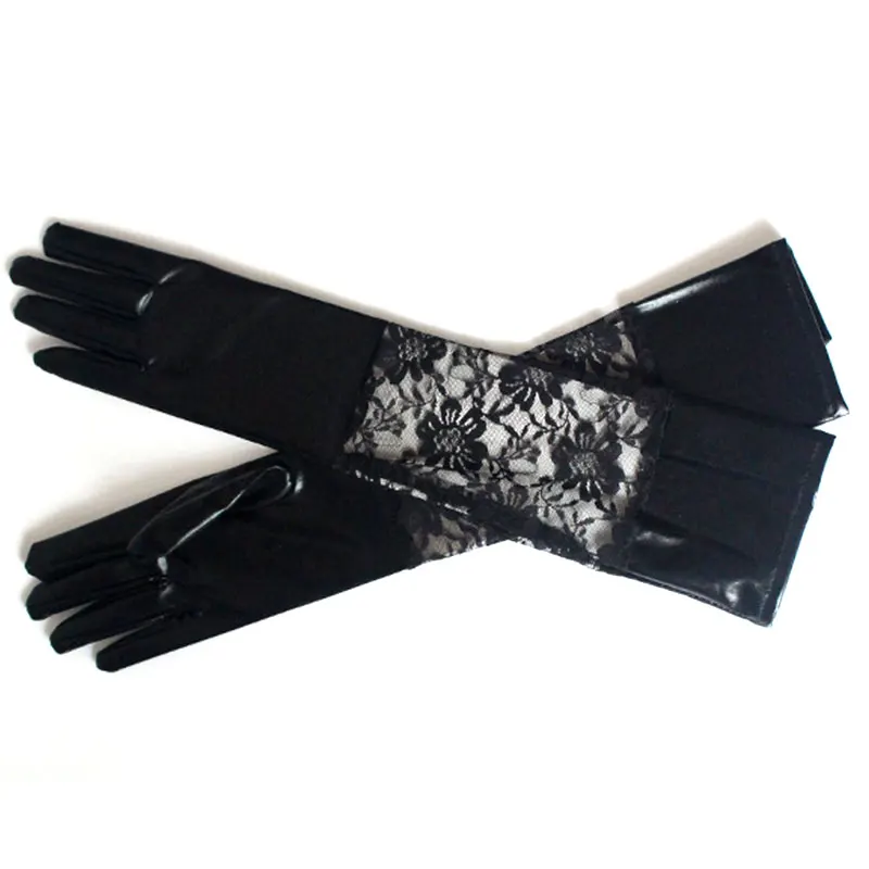 

1 Pair Lace Faux Leather Gloves Western Style Long Black Glove Women Party Club Cospaly Performance Sexy Mittens Adults 11Cm