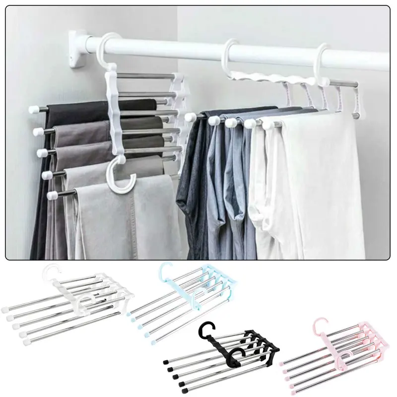 

5 In 1 Portable Multi-function Stainless Steel Pants Hanger Drying Rack Magic Belt Storage Rack Space Saving Home Accessories