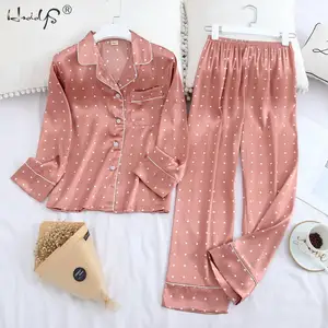 Пижама женская атласная с отложным воротником, Шелковый пижамный комплект с длинным рукавом, одежда для сна, ночная рубашка