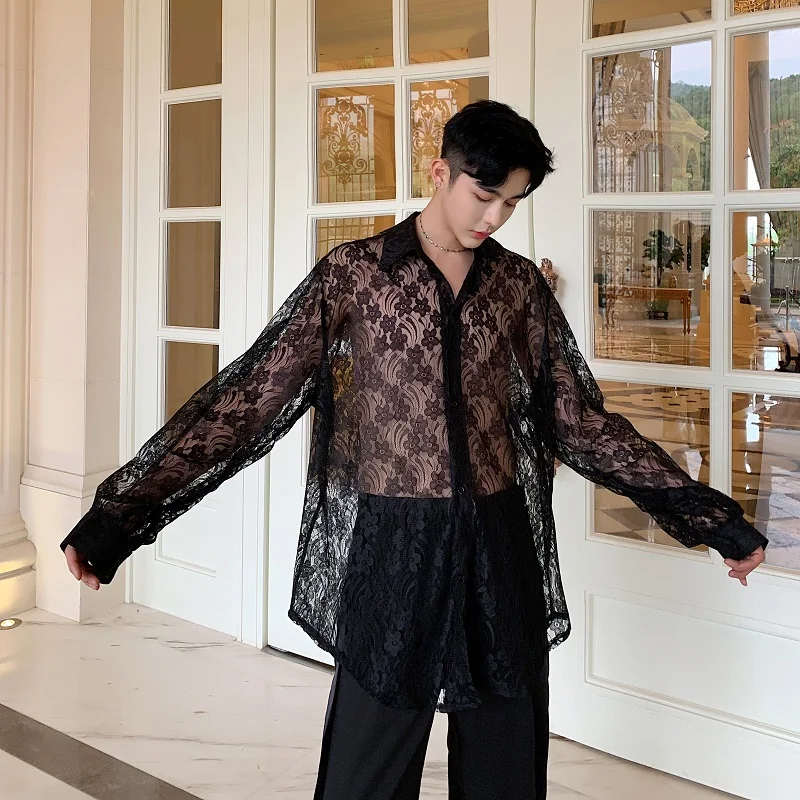 Мужская свободная повседневная рубашка из прозрачной органзы с вышивкой и