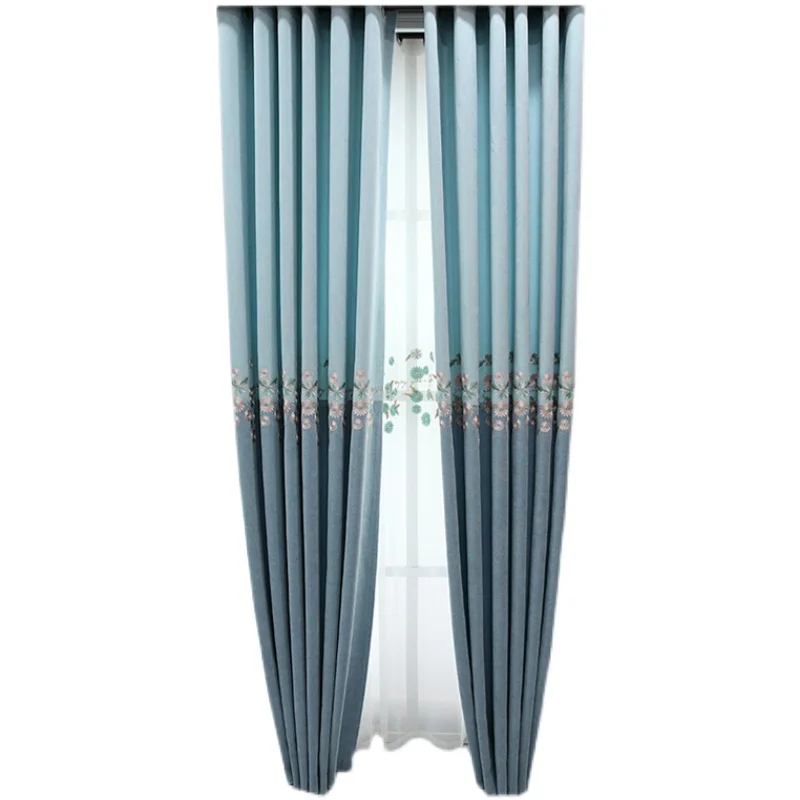 

Small Fresh Blue Embroidery Korean Pastoral Small Floral Nordic Simple Modern Curtains for Living Room Bedroom