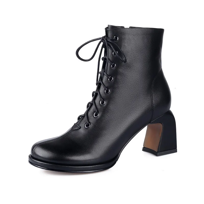 

Spring and Autumn Casual Fashion Genuine Leather Shoe for Women Thick Heel High Heels Short Boots Square Head Martin Boots