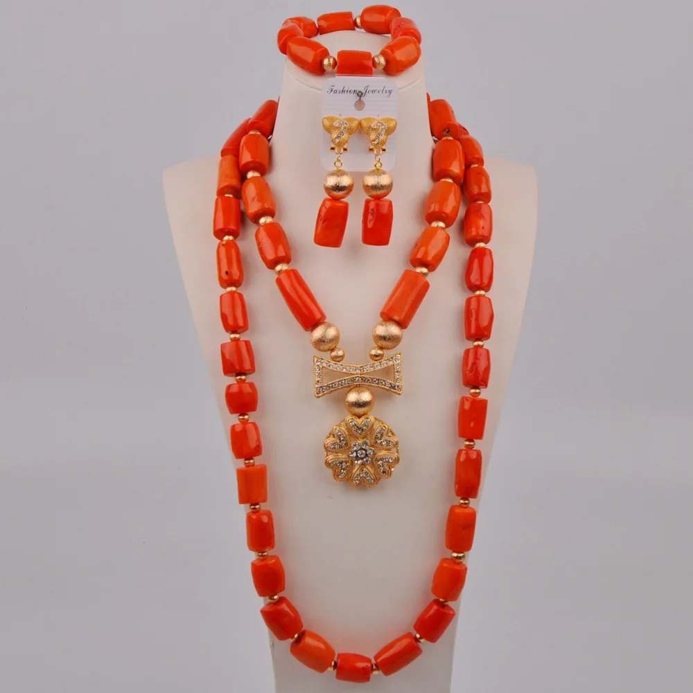 

Fashion Nigerian Wedding Coral Necklace Orange Coral Beads African Jewelry Set for Women 11-C01