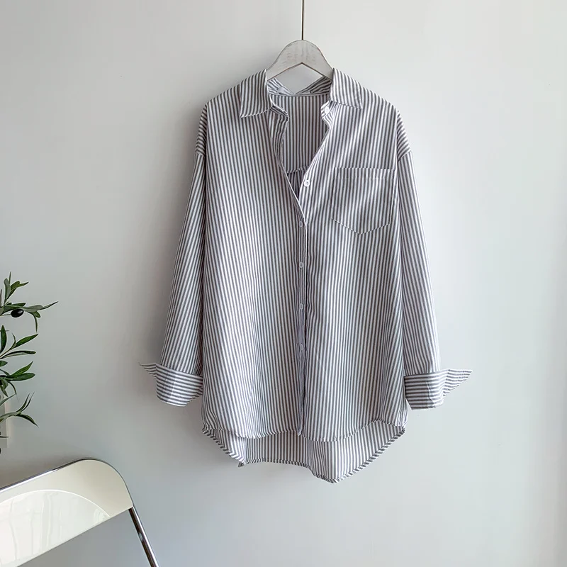 Новинка женские рубашки с длинным рукавом блузка свободная полосатая женская