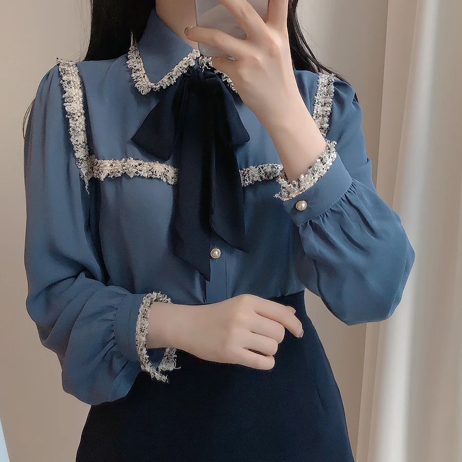 

Korean Fashion Chiffon Blouse shirt Long-sleeved OL Shirt Tassel Bow tie Women Tops roupas feminina