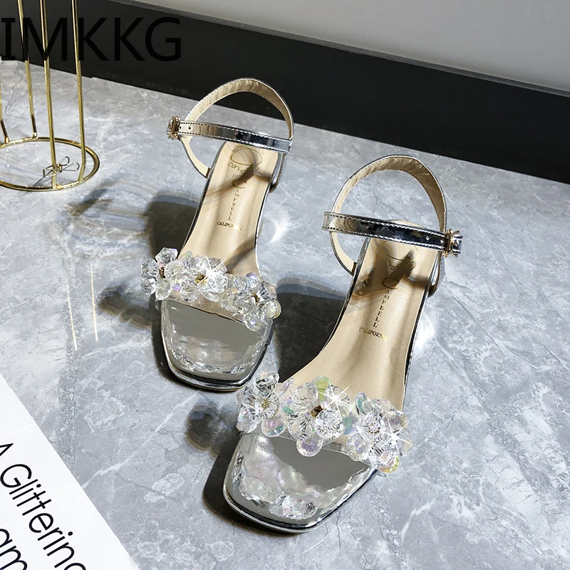 Модная обувь Женская летняя Прозрачные сандалии со стразами Женские ботильоны