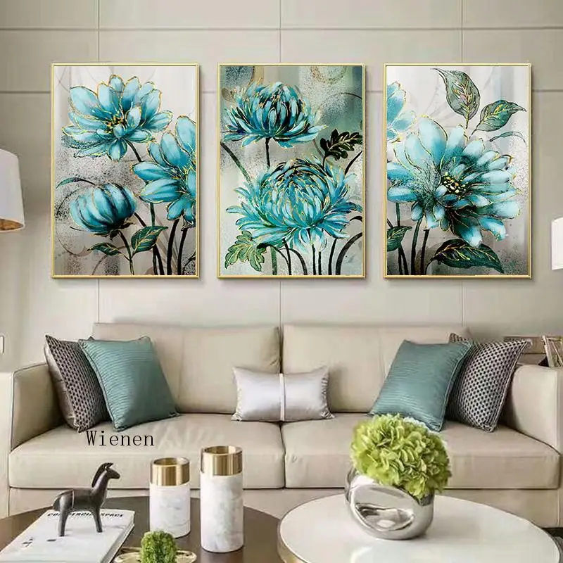

Nordic Modern Light Luxurious Home Decor Gold Lace Noble Blue Flowers Poster Canvas Painting Print Wall Art Pictures No Frame