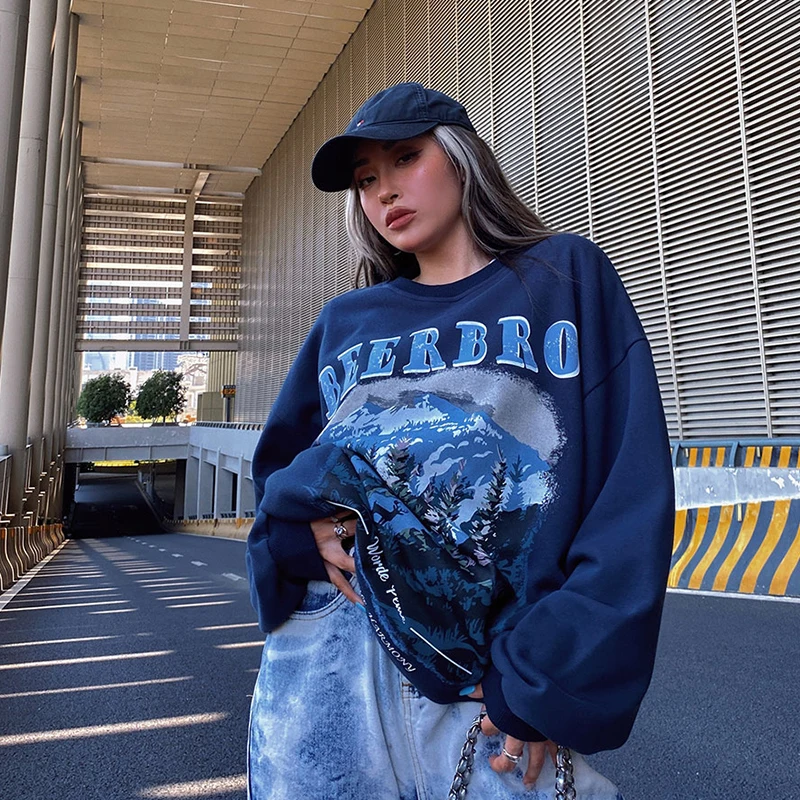 

Letter Print Sweatshirt Vintage Blue Women Hoodies Pullovers 2021 USA Style Autumn New Casual Streetwear Aesthetic Top Printing