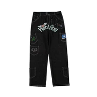 vibe style cartoon graphic embroidery black harajuku men straight jeans pants hip hop oversize cotton denim trousers moda hombre