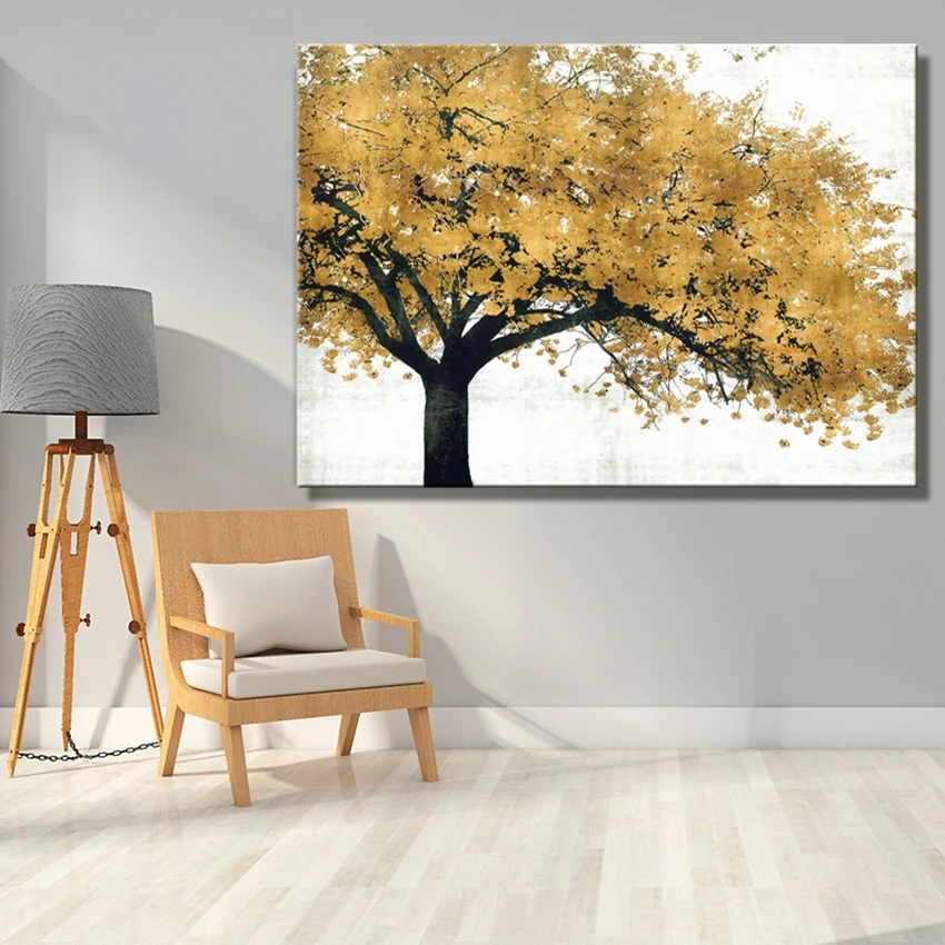 

Christmas trees 100% Hand-painted oil painting on canvas yellow and silver trees wall hanging picture for living room no framed