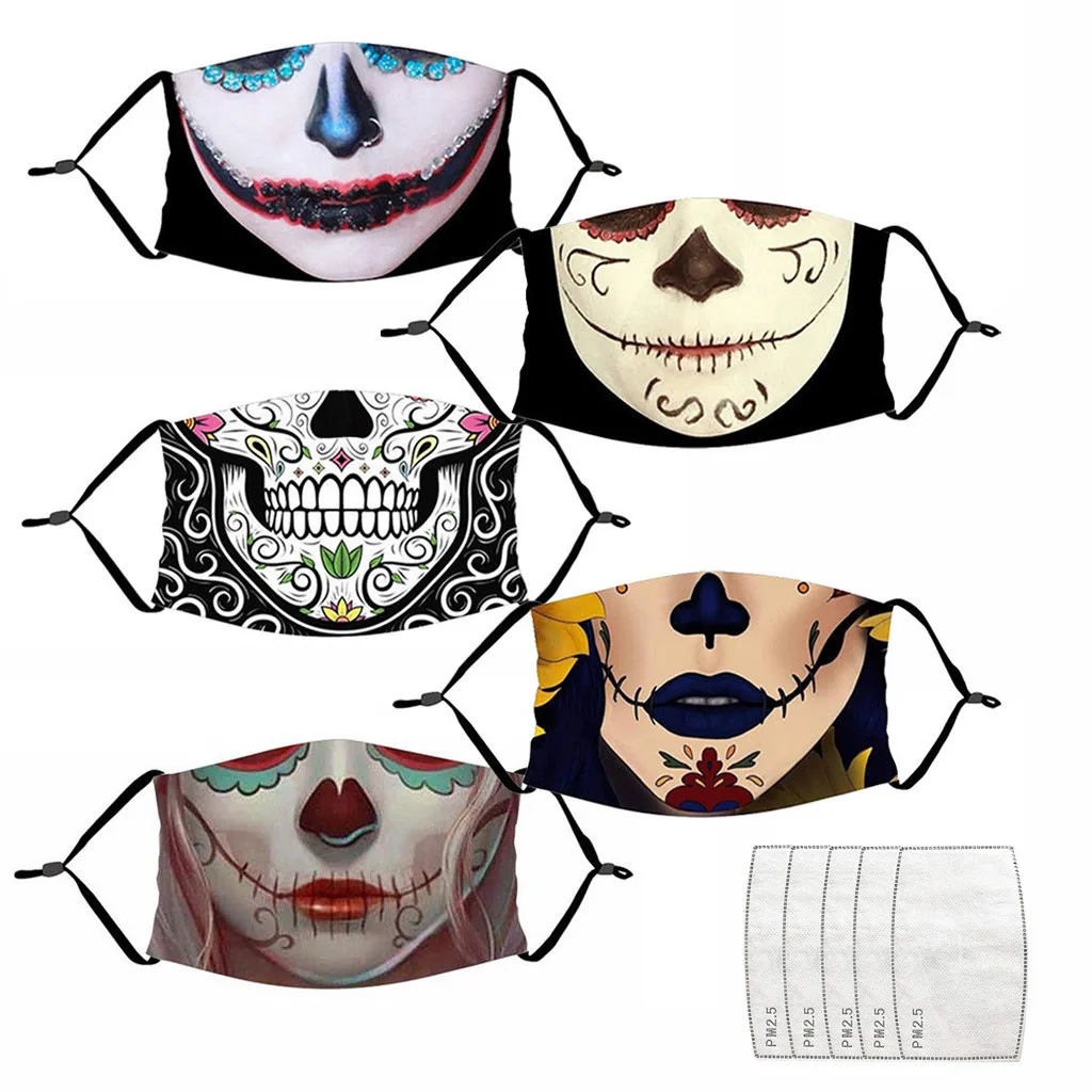 

5PC Halloween Masks Adult Funny Skull Print Face Mask Fashion Unisex Washable Reusable Masque Breathable Earloops Mascarillas 25