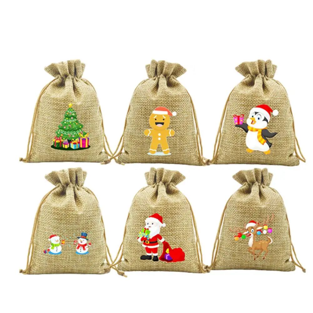 

Рождественская Льняная сумка на шнурке, льняная карманная сумка на шнурке с мультяшным рисунком для подарка, Рождественская сумка, сумка дл...