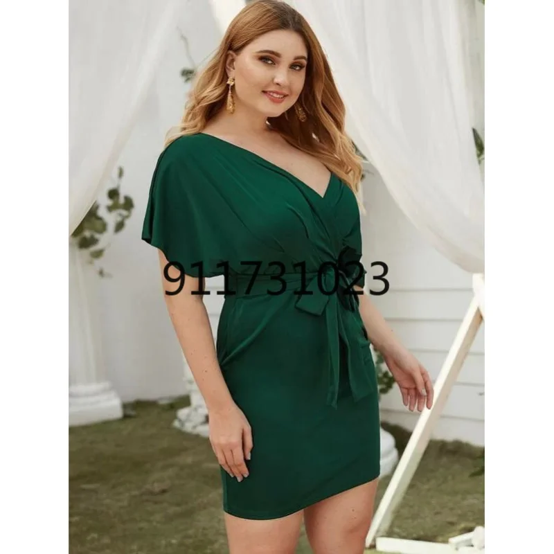 L-5XL Plus Size Women V-neck Bodycon Dress Sexy Club Evening Party Green Short Sleeve Summer Vestido Office Work Wear Modest |