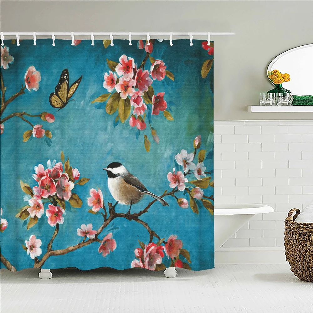 

Chinese Style Flower Birds Printed Shower Curtains Bathroom Curtain Frabic Waterproof Polyester Floral Bath Decor With Hooks