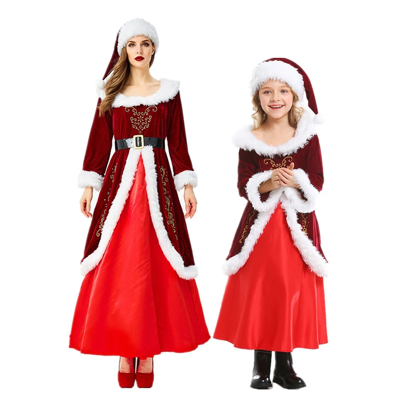 

2022 Santa Claus Costume for Women and Kids Red Long Sleeve With Hat Mother and Daughter Santa Velvet Christmas Party Dresses